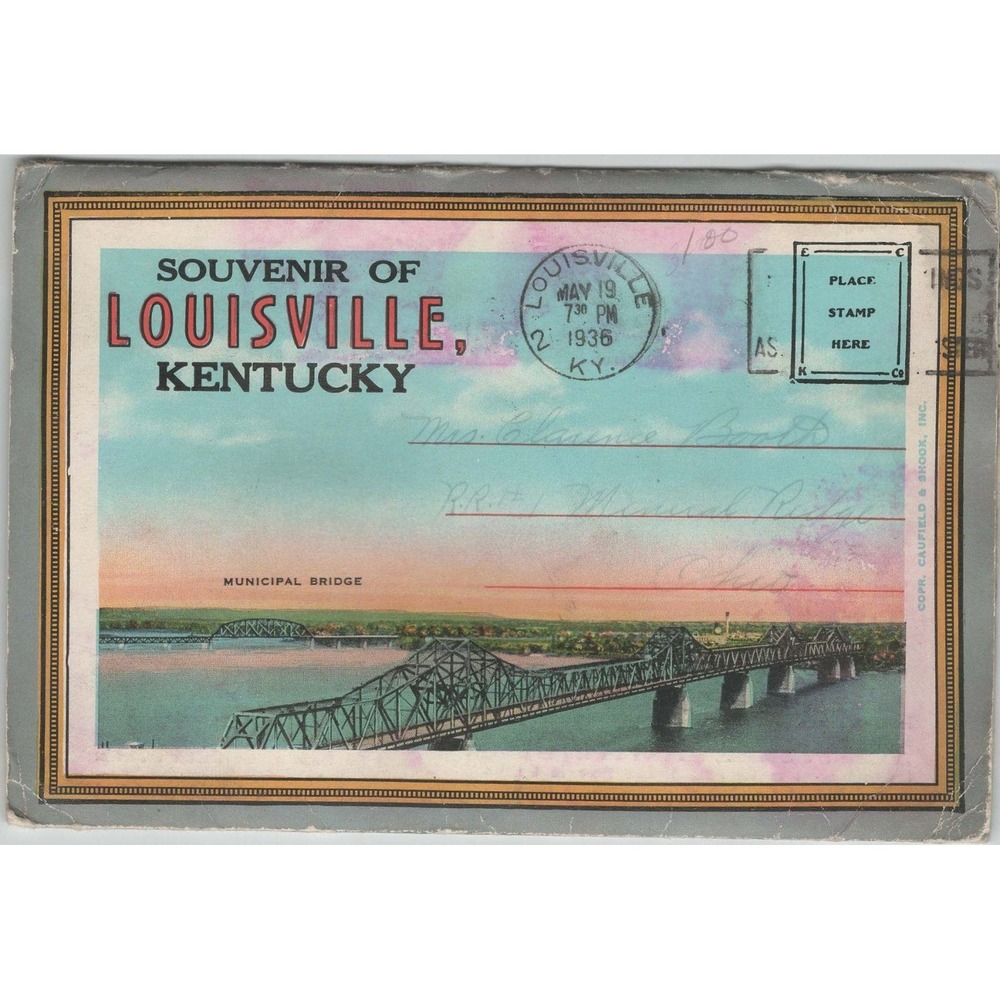 Louisville Kentucky KY Souvenir Postcard Folder 1936 Municipal Bridge Caufield